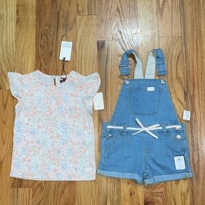 NEW Little Girl's 2-Piece Floral Top & Denim Shortalls Set 4T